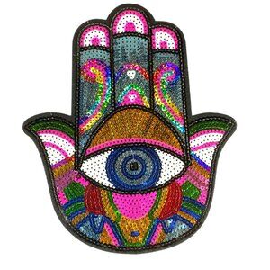 Multi Color LARGE Hamsa Evil Eye Iron On Patch Sequins Holographic Boho